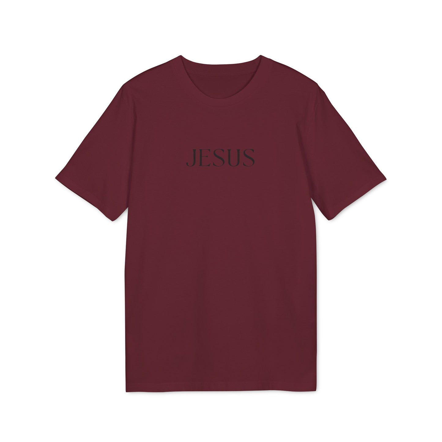 Burgandy christian tshirt with JESUS text in the centre