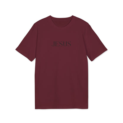 Burgandy christian tshirt with JESUS text in the centre