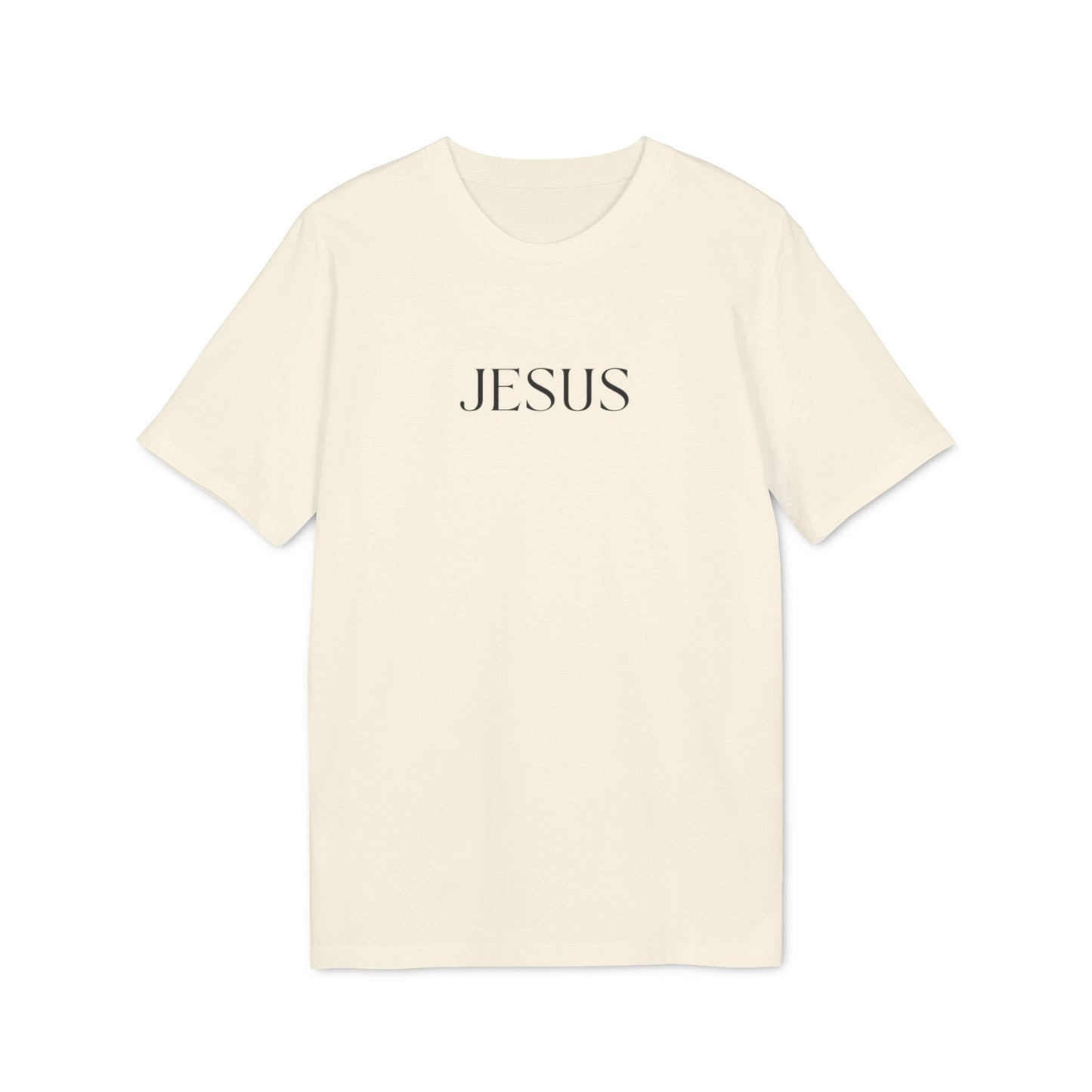 Raw organic cotton with black text Jesus