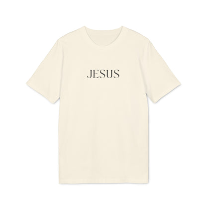 Raw organic cotton with black text Jesus