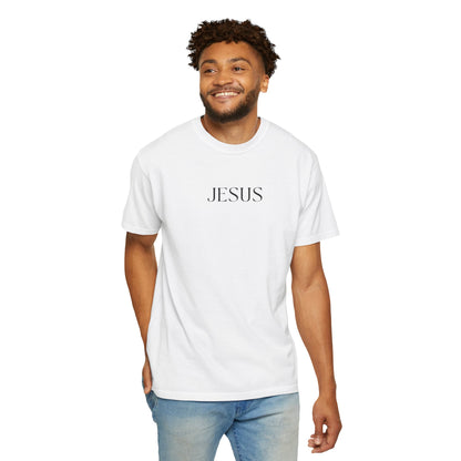 Man wearing white JESUS tshirt