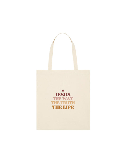 Raw Organic cotton tote bag with the text 'Jesus the way the truth the life'