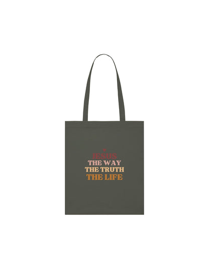 Khaki tote bag with text in the centre 'Jesus the way the truth the life'