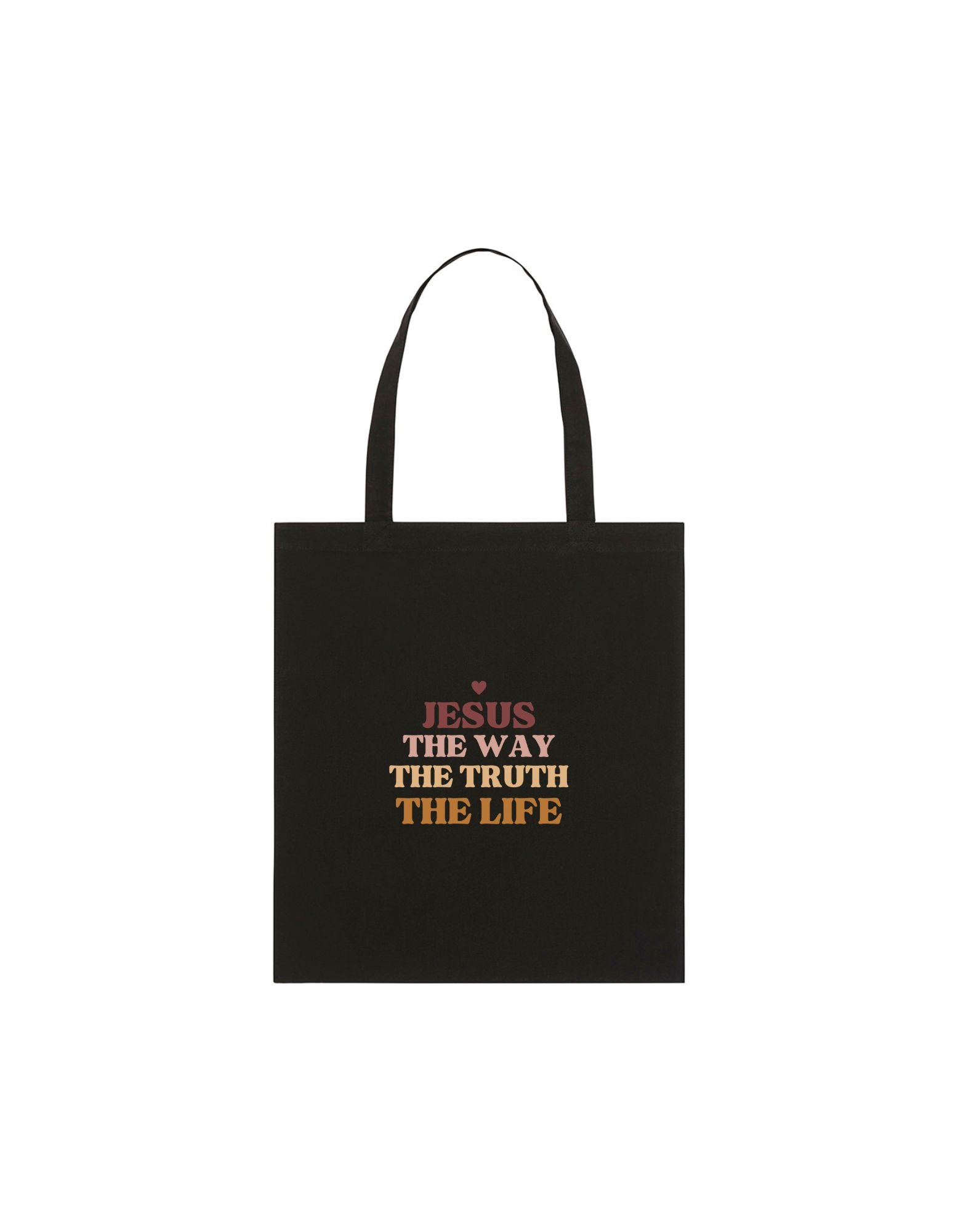 Black tote bag with the text Jesus the way the truth the life centred.