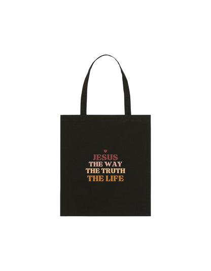 Black tote bag with the text Jesus the way the truth the life centred.