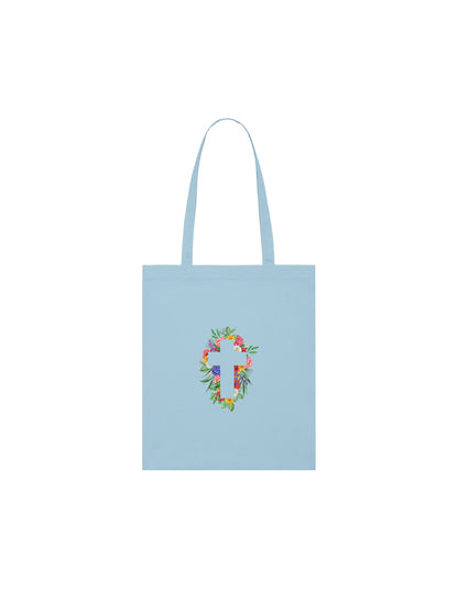 Light blue tote bag with cross design