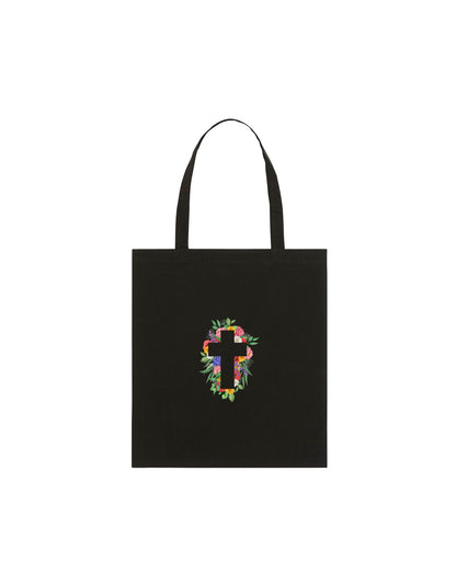 Black personalised tote bag with a cross design