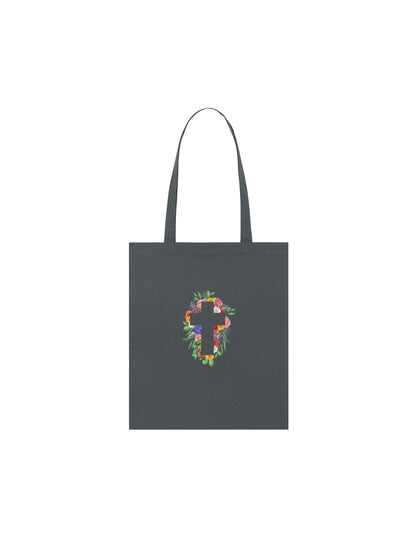 Grey tote bag personalised with a cross design