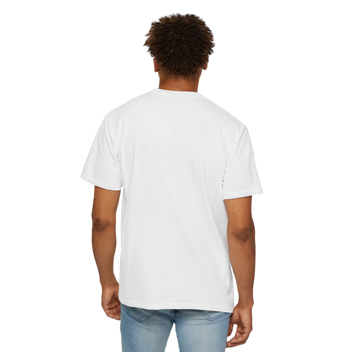 Man wearing white organic tshirt back